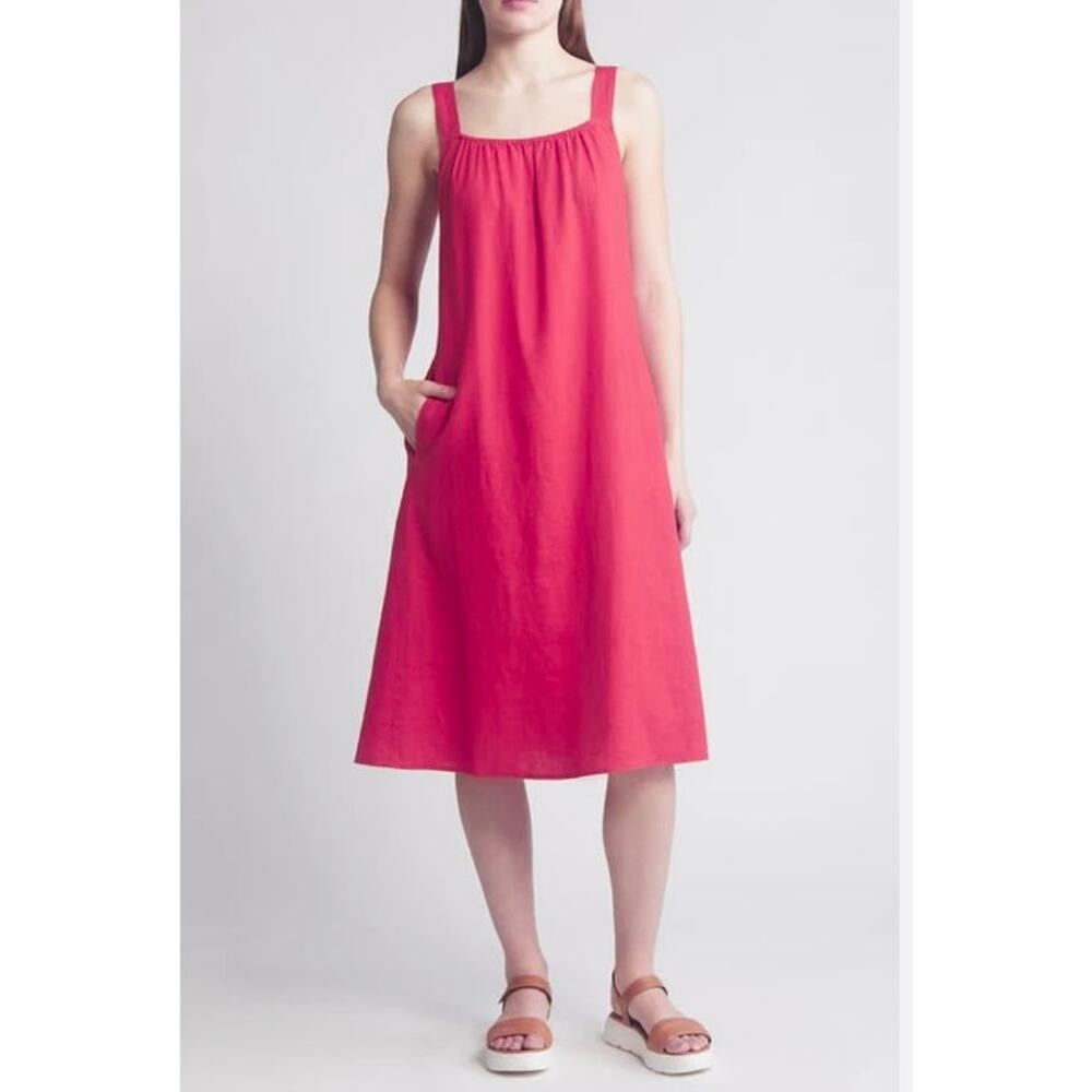 $238 EILEEN FISHER Organic Linen Midi Cami Dress Sundress | Sz XL, Geranium Pink